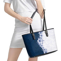 Hawaii Hibiscus Flowers Leather Tote Bag Blue Polynesian Pattern