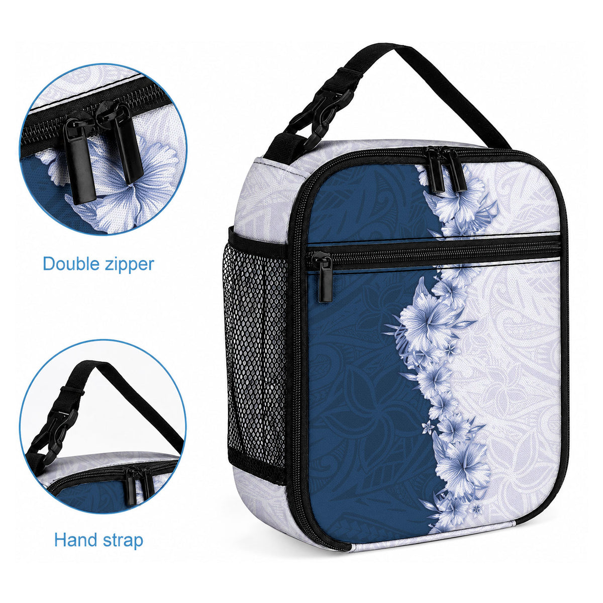 Hawaii Hibiscus Flowers Lunch Bag Blue Polynesian Pattern