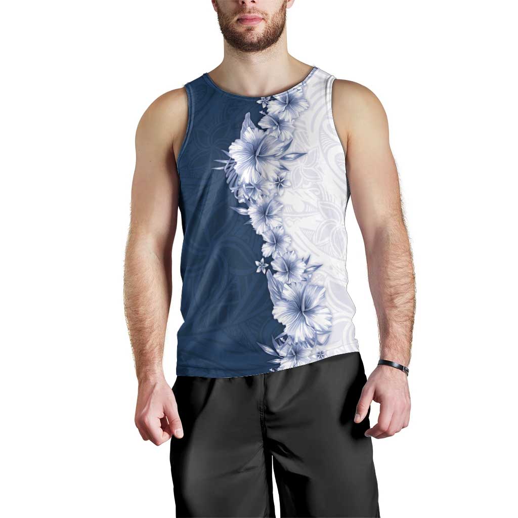 Hawaii Hibiscus Flowers Men Tank Top Blue Polynesian Pattern