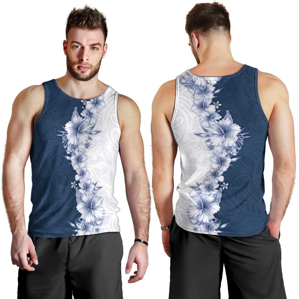Hawaii Hibiscus Flowers Men Tank Top Blue Polynesian Pattern