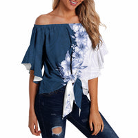 Hawaii Hibiscus Flowers Off Shoulder Wrap Waist Top Blue Polynesian Pattern LT05 - Polynesian Pride