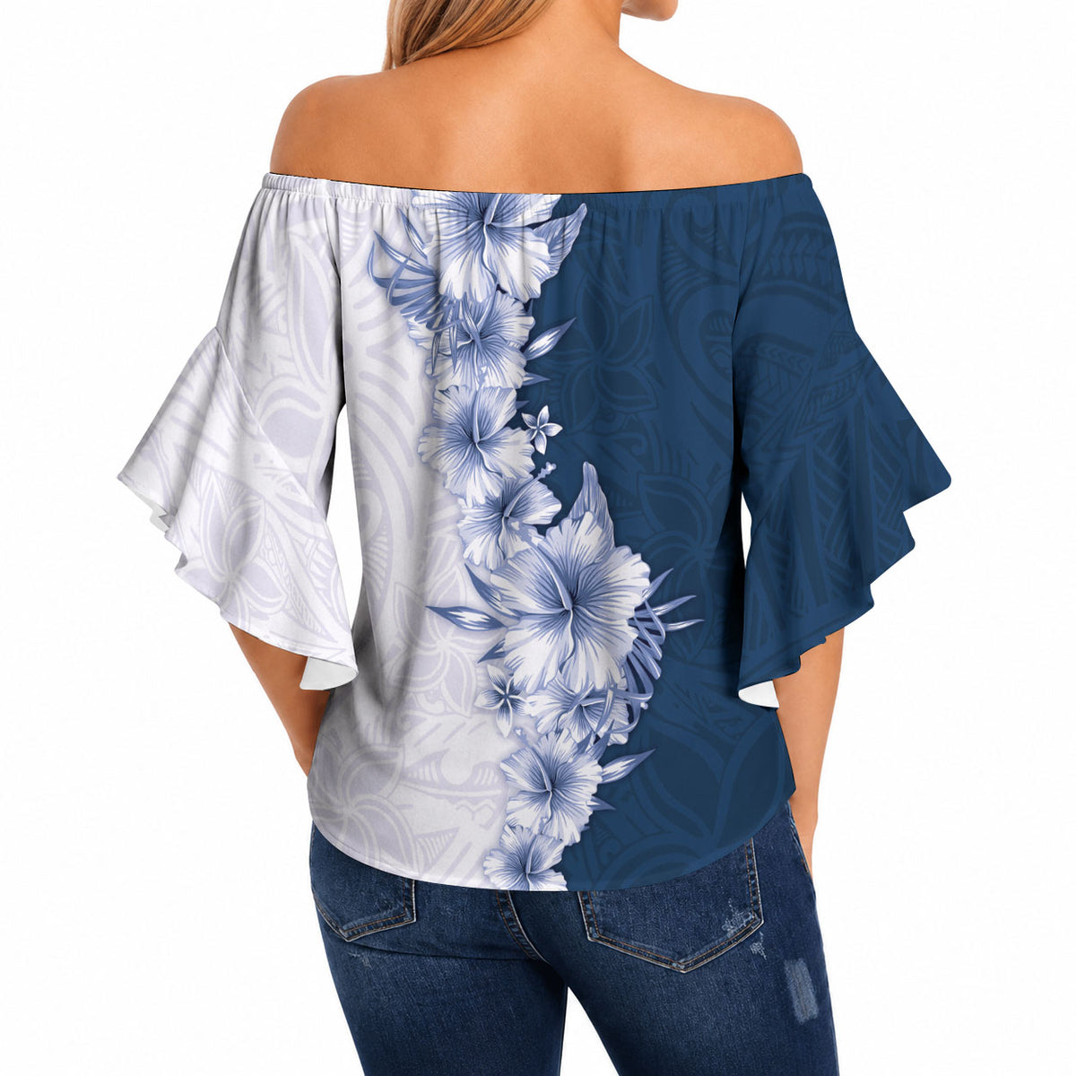 Hawaii Hibiscus Flowers Off Shoulder Wrap Waist Top Blue Polynesian Pattern LT05 - Polynesian Pride
