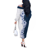 Hawaii Hibiscus Flowers Off The Shoulder Long Sleeve Dress Blue Polynesian Pattern