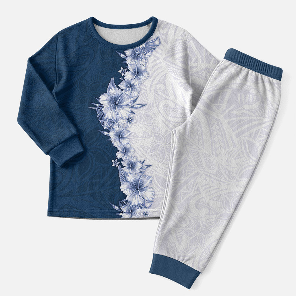Hawaii Hibiscus Flowers Christmas Pajama Set Blue Polynesian Pattern