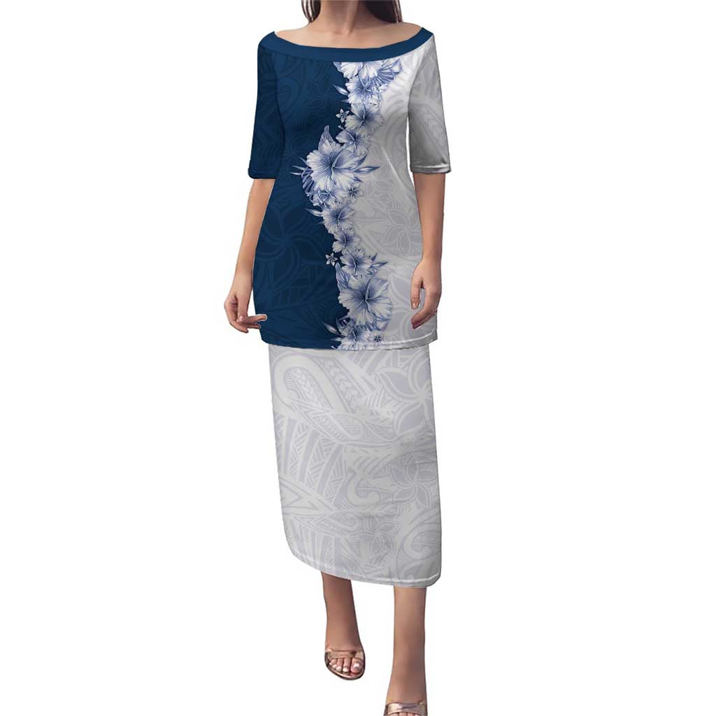 Hawaii Hibiscus Flowers Puletasi Blue Polynesian Pattern