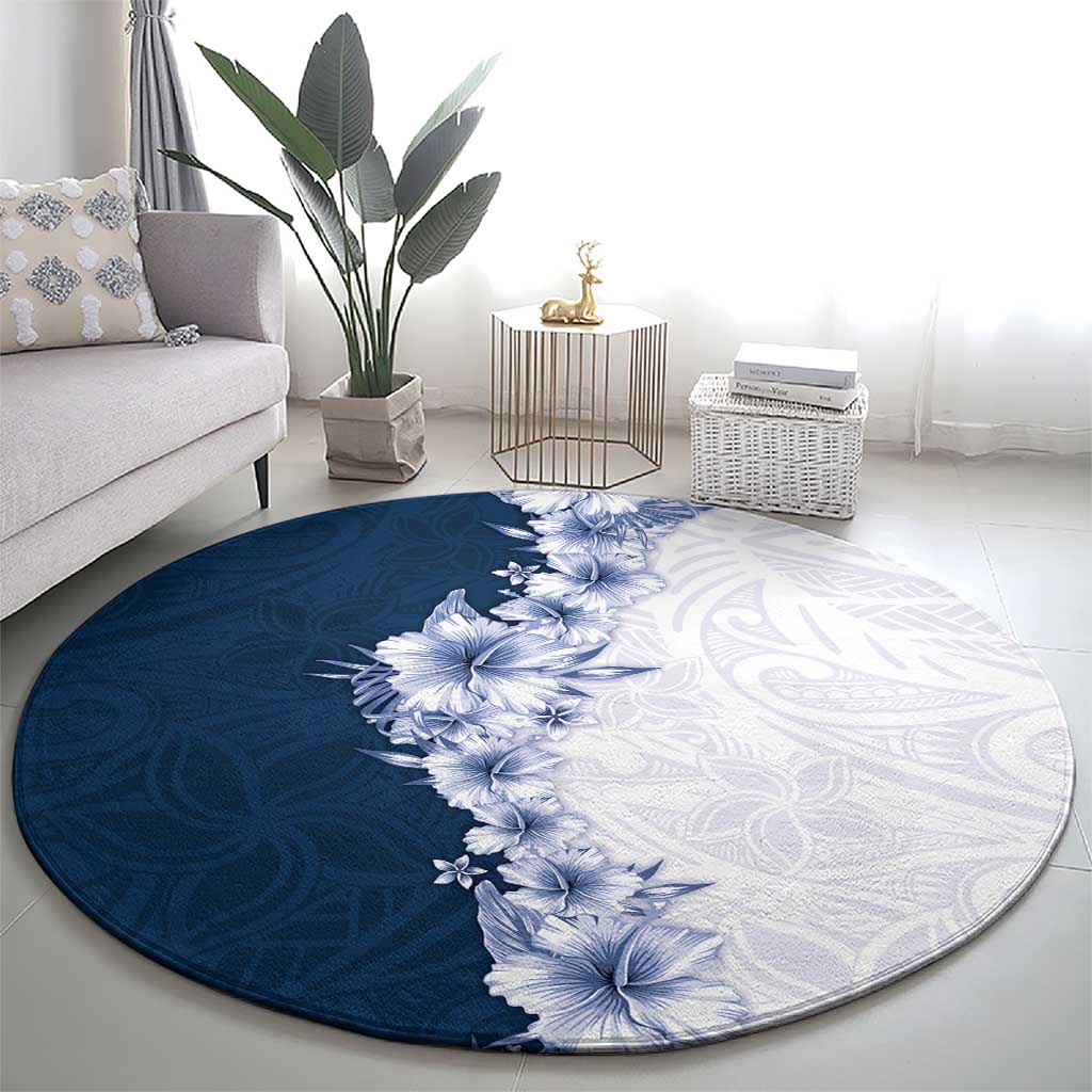 Hawaii Hibiscus Flowers Round Carpet Blue Polynesian Pattern