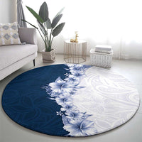 Hawaii Hibiscus Flowers Round Carpet Blue Polynesian Pattern
