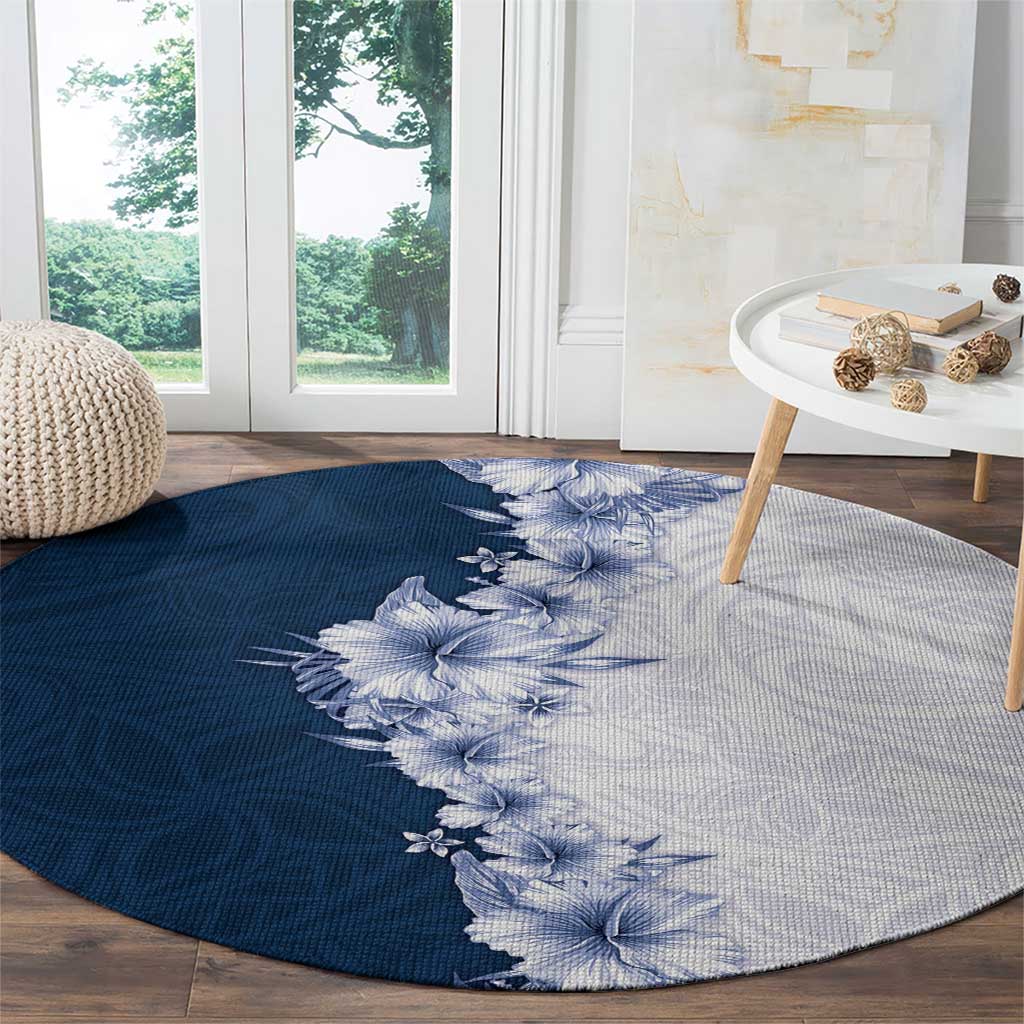 Hawaii Hibiscus Flowers Round Carpet Blue Polynesian Pattern