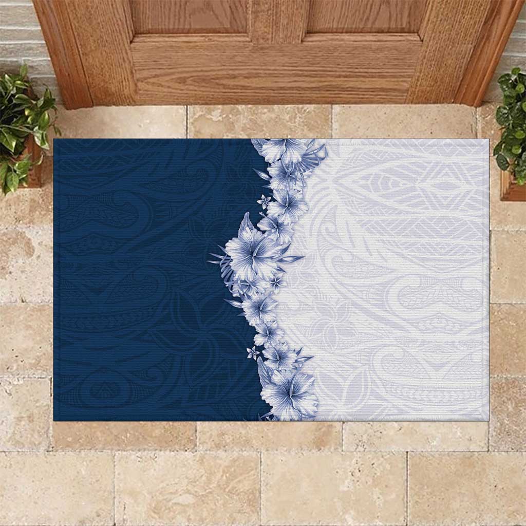 Hawaii Hibiscus Flowers Rubber Doormat Blue Polynesian Pattern