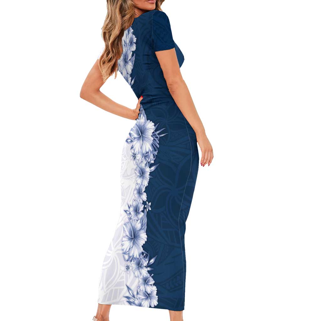 Hawaii Hibiscus Flowers Short Sleeve Bodycon Dress Blue Polynesian Pattern