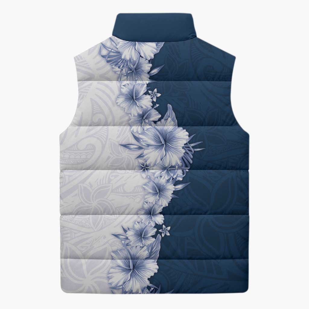 Hawaii Hibiscus Flowers Sleeveless Puffer Jacket Blue Polynesian Pattern