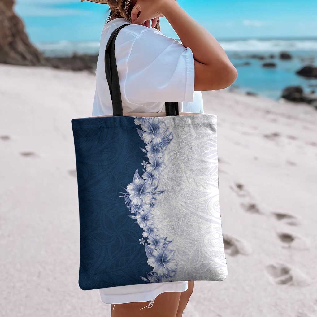 Hawaii Hibiscus Flowers Tote Bag Blue Polynesian Pattern