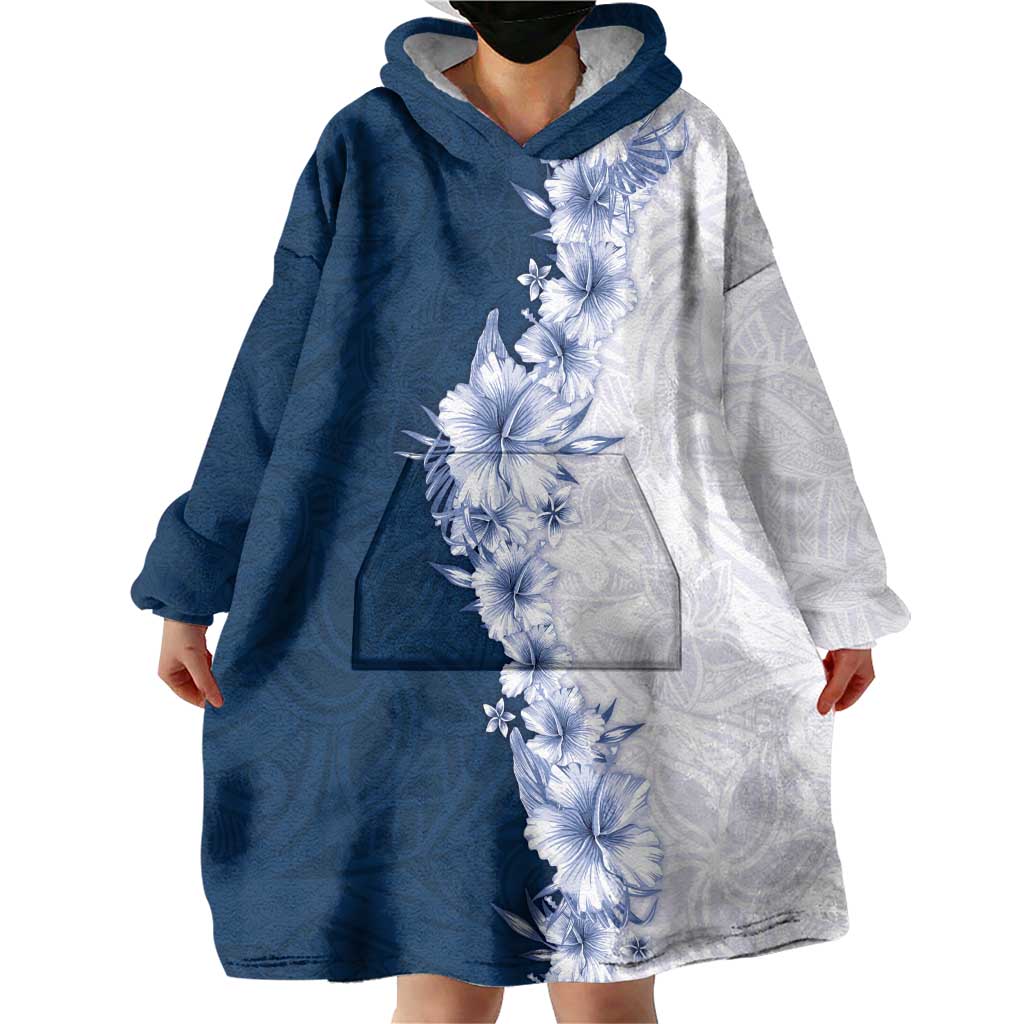 Hawaii Hibiscus Flowers Wearable Blanket Hoodie Blue Polynesian Pattern