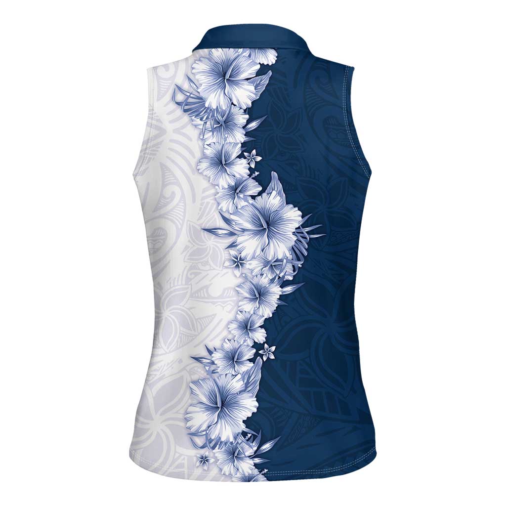 Hawaii Hibiscus Flowers Women Sleeveless Polo Shirt Blue Polynesian Pattern