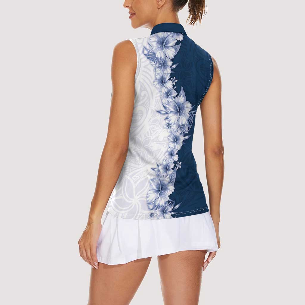 Hawaii Hibiscus Flowers Women Sleeveless Polo Shirt Blue Polynesian Pattern