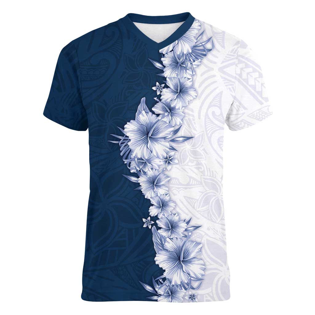 Hawaii Hibiscus Flowers Women V-Neck T-Shirt Blue Polynesian Pattern