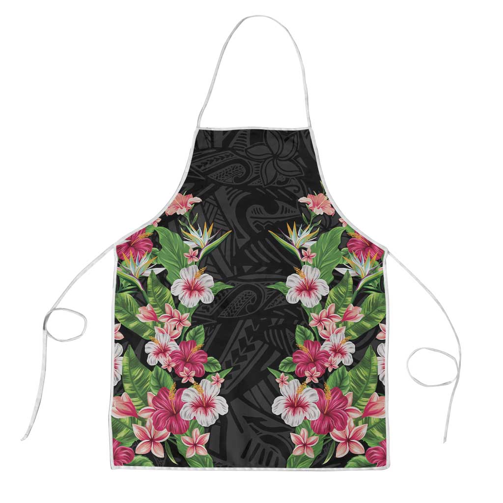 Hawaii Tropical Flowers Apron Black Polynesian Tattoo Art