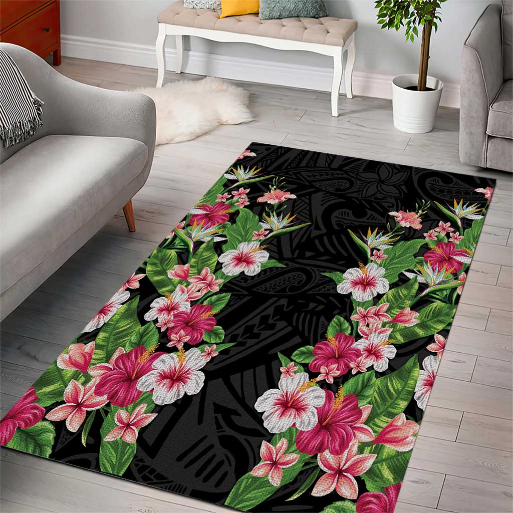 Hawaii Tropical Flowers Area Rug Black Polynesian Tattoo Art LT05 - Polynesian Pride