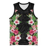 Hawaii Tropical Flowers Basketball Jersey Black Polynesian Tattoo Art