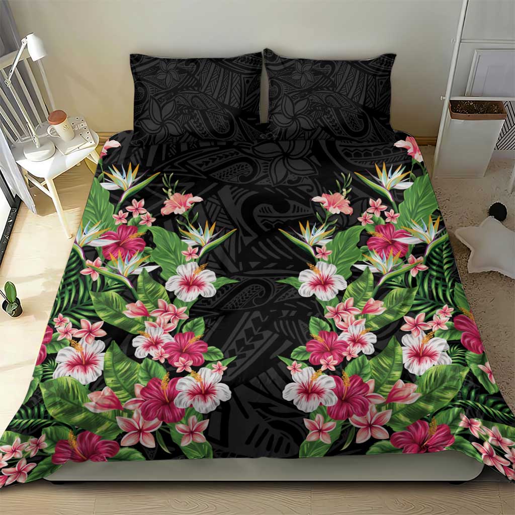 Hawaii Tropical Flowers Bedding Set Black Polynesian Tattoo Art