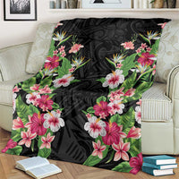 Hawaii Tropical Flowers Blanket Black Polynesian Tattoo Art