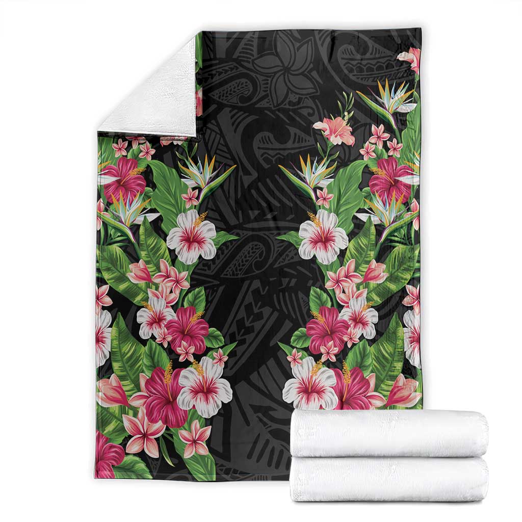 Hawaii Tropical Flowers Blanket Black Polynesian Tattoo Art