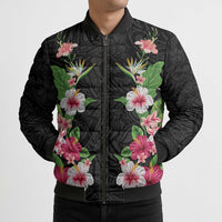 Hawaii Tropical Flowers Bomber Puffer Jacket Black Polynesian Tattoo Art