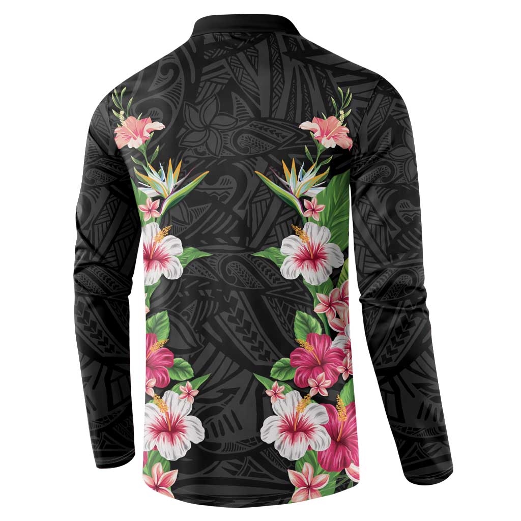 Hawaii Tropical Flowers Button Sweatshirt Black Polynesian Tattoo Art
