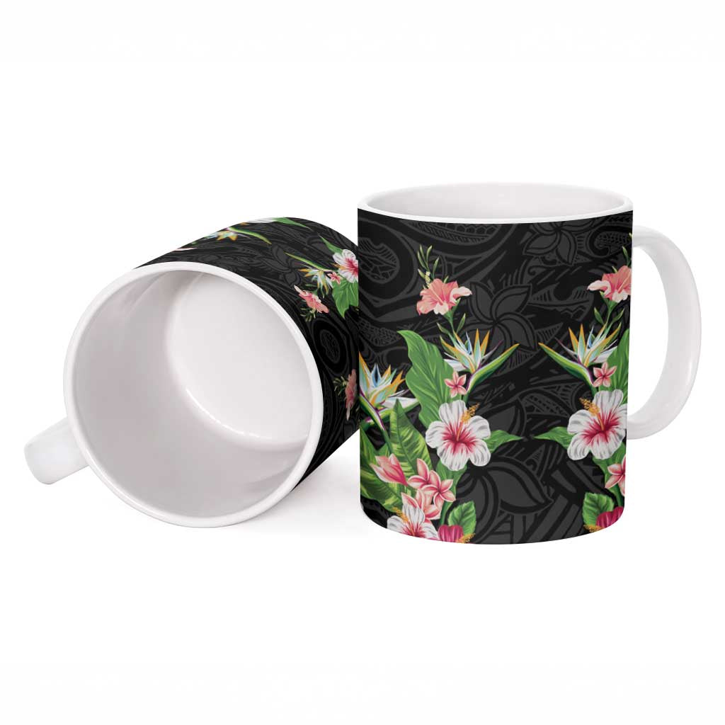 Hawaii Tropical Flowers Ceramic Mug Black Polynesian Tattoo Art
