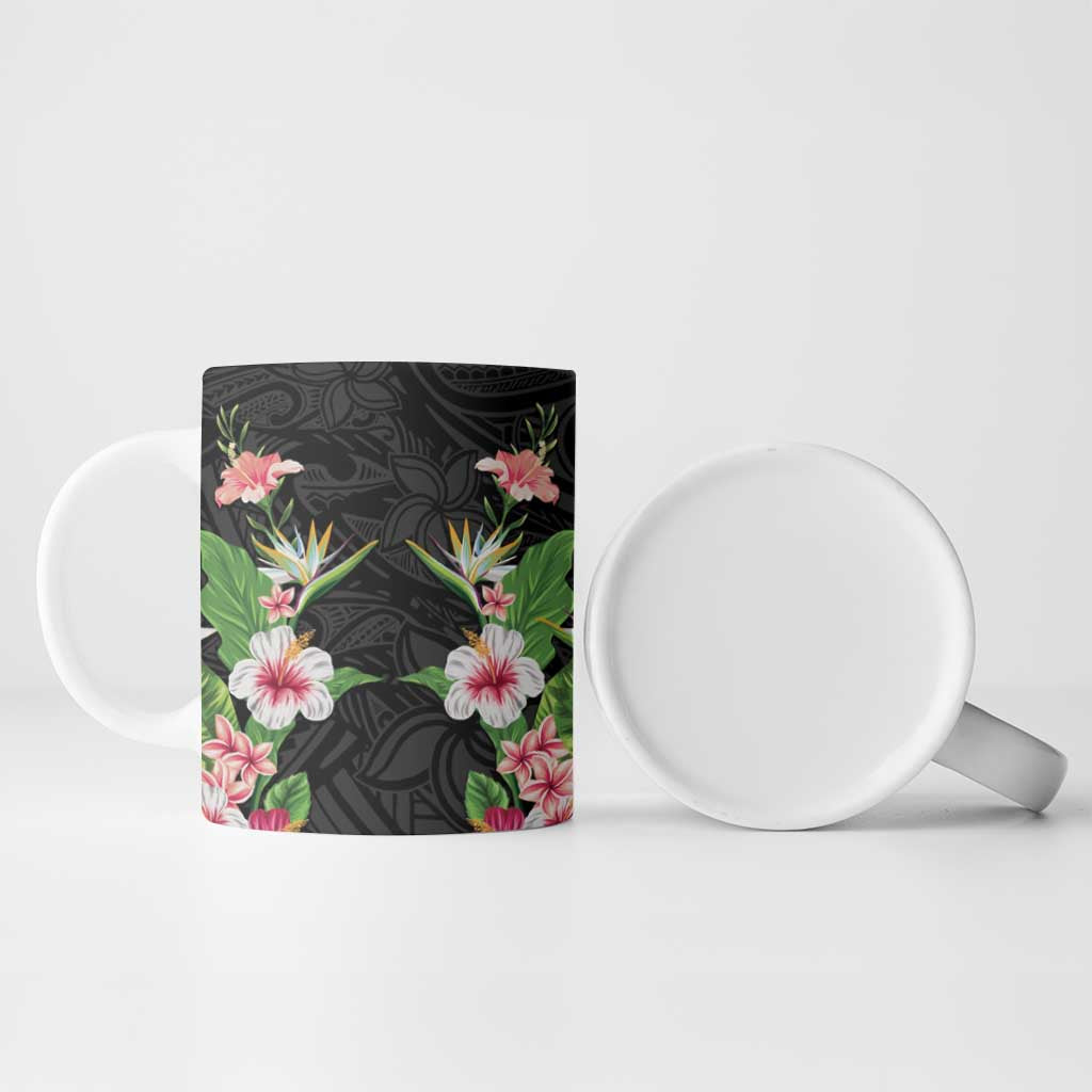 Hawaii Tropical Flowers Ceramic Mug Black Polynesian Tattoo Art