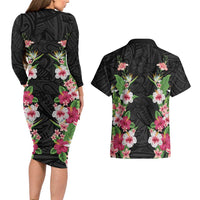 Hawaii Tropical Flowers Couples Matching Long Sleeve Bodycon Dress and Hawaiian Shirt Black Polynesian Tattoo Art LT05 - Polynesian Pride