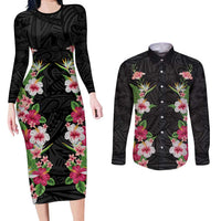 Hawaii Tropical Flowers Couples Matching Long Sleeve Bodycon Dress and Long Sleeve Button Shirt Black Polynesian Tattoo Art LT05 Black - Polynesian Pride