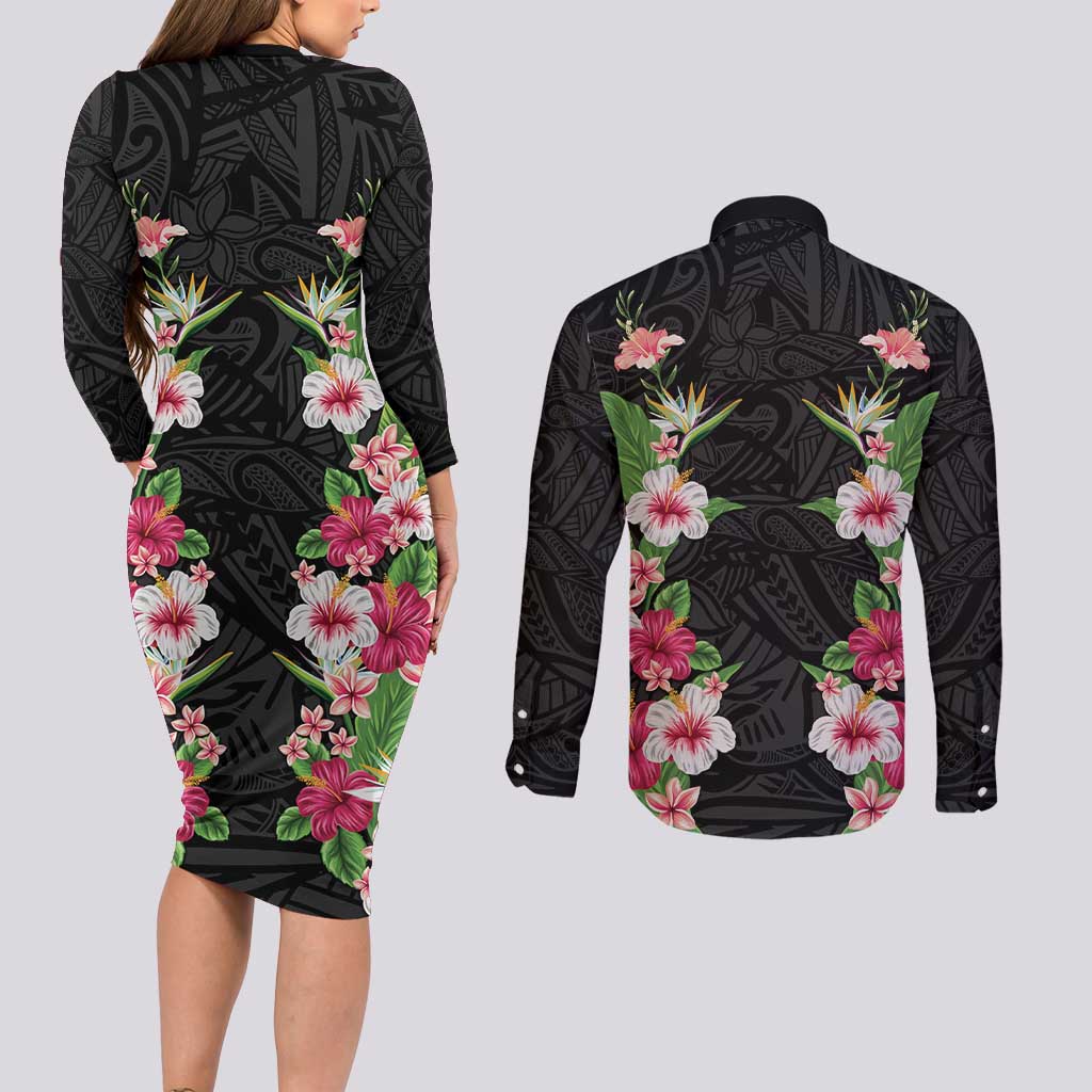 Hawaii Tropical Flowers Couples Matching Long Sleeve Bodycon Dress and Long Sleeve Button Shirt Black Polynesian Tattoo Art LT05 - Polynesian Pride