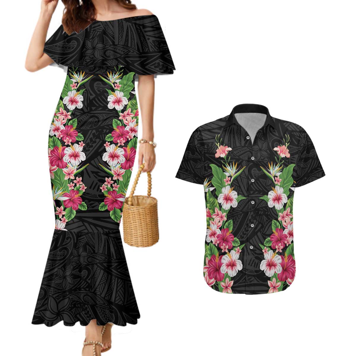 Hawaii Tropical Flowers Couples Matching Mermaid Dress and Hawaiian Shirt Black Polynesian Tattoo Art LT05 Black - Polynesian Pride