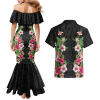 Hawaii Tropical Flowers Couples Matching Mermaid Dress and Hawaiian Shirt Black Polynesian Tattoo Art LT05 - Polynesian Pride