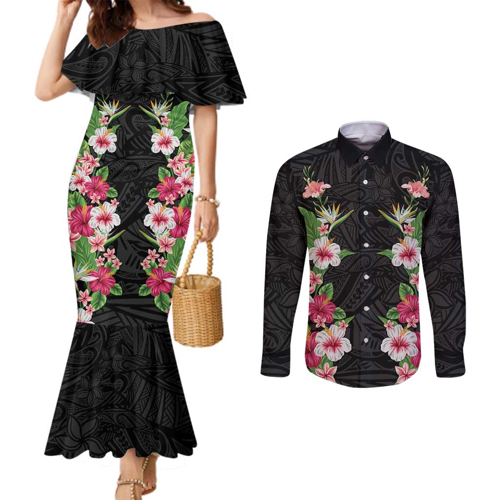 Hawaii Tropical Flowers Couples Matching Mermaid Dress and Long Sleeve Button Shirt Black Polynesian Tattoo Art LT05 Black - Polynesian Pride