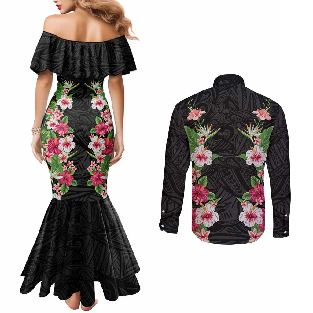 Hawaii Tropical Flowers Couples Matching Mermaid Dress and Long Sleeve Button Shirt Black Polynesian Tattoo Art LT05 - Polynesian Pride