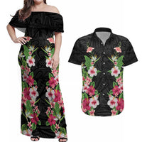 Hawaii Tropical Flowers Couples Matching Off Shoulder Maxi Dress and Hawaiian Shirt Black Polynesian Tattoo Art LT05 Black - Polynesian Pride
