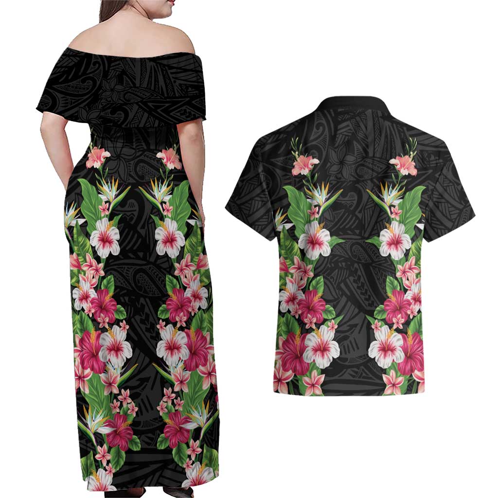 Hawaii Tropical Flowers Couples Matching Off Shoulder Maxi Dress and Hawaiian Shirt Black Polynesian Tattoo Art LT05 - Polynesian Pride