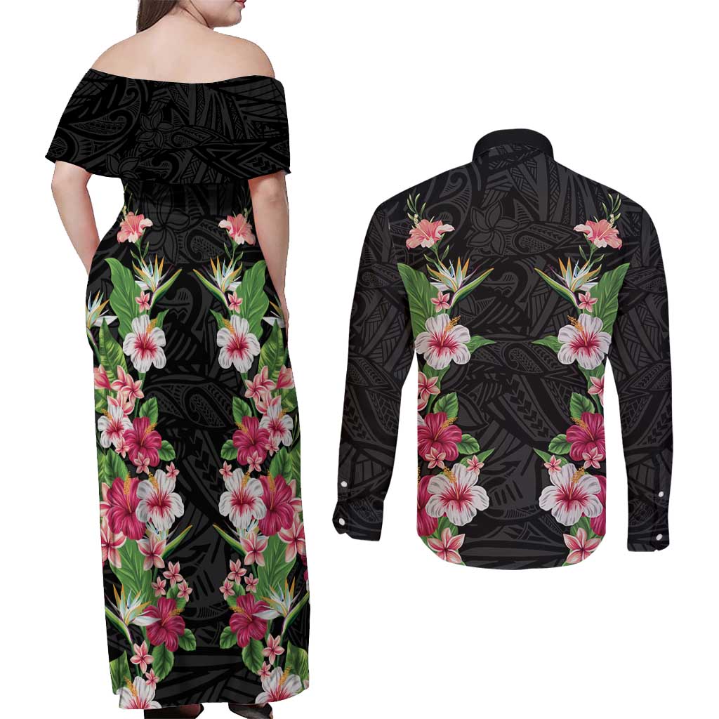 Hawaii Tropical Flowers Couples Matching Off Shoulder Maxi Dress and Long Sleeve Button Shirt Black Polynesian Tattoo Art LT05 - Polynesian Pride