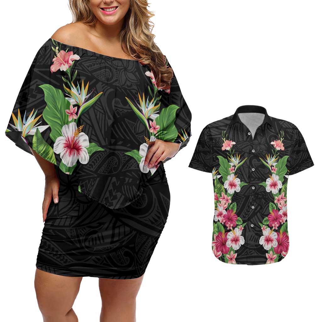 Hawaii Tropical Flowers Couples Matching Off Shoulder Short Dress and Hawaiian Shirt Black Polynesian Tattoo Art LT05 Black - Polynesian Pride