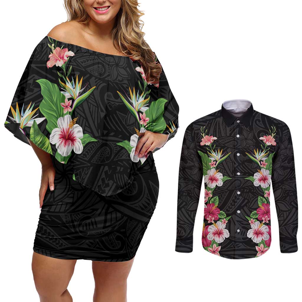 Hawaii Tropical Flowers Couples Matching Off Shoulder Short Dress and Long Sleeve Button Shirt Black Polynesian Tattoo Art