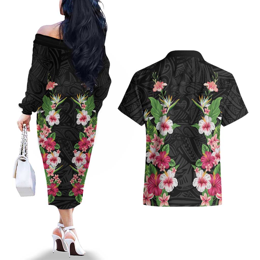 Hawaii Tropical Flowers Couples Matching Off The Shoulder Long Sleeve Dress and Hawaiian Shirt Black Polynesian Tattoo Art LT05 - Polynesian Pride