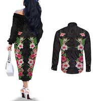 Hawaii Tropical Flowers Couples Matching Off The Shoulder Long Sleeve Dress and Long Sleeve Button Shirt Black Polynesian Tattoo Art LT05 - Polynesian Pride