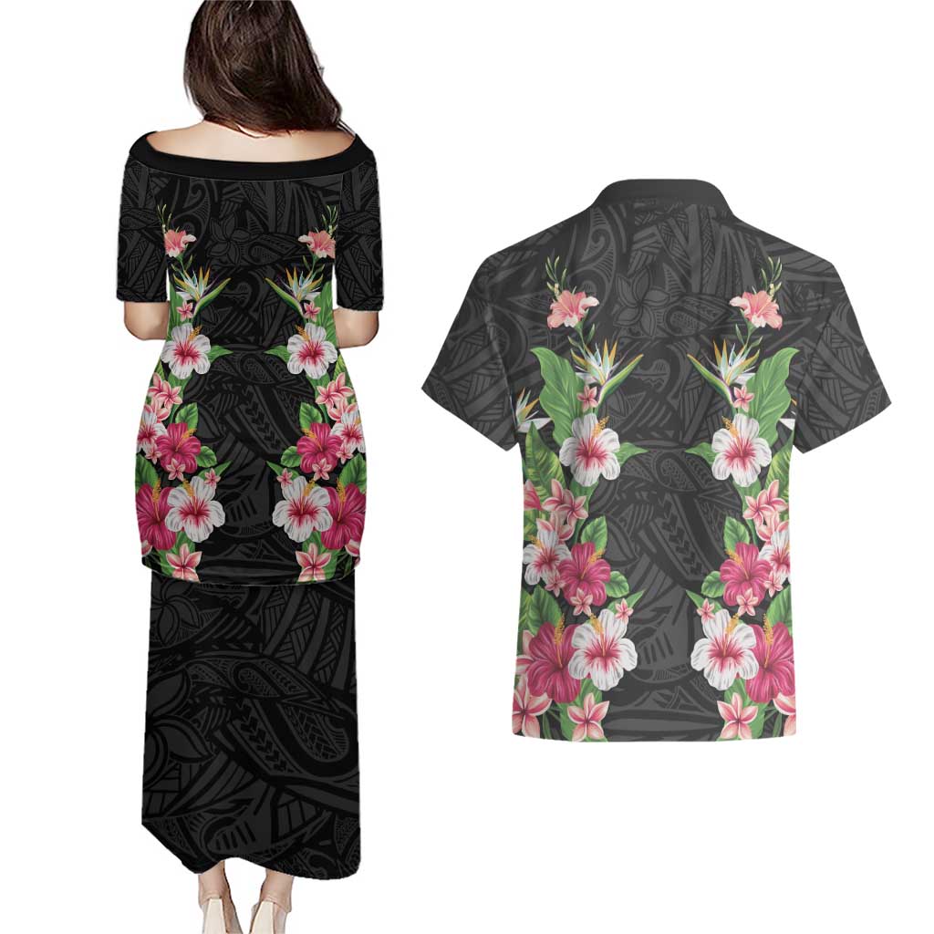 Hawaii Tropical Flowers Couples Matching Puletasi and Hawaiian Shirt Black Polynesian Tattoo Art LT05 - Polynesian Pride