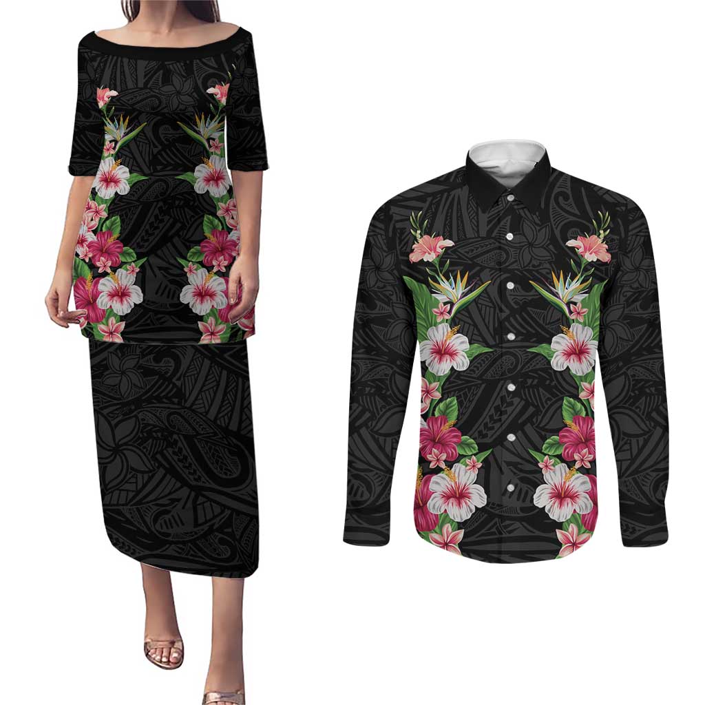 Hawaii Tropical Flowers Couples Matching Puletasi and Long Sleeve Button Shirt Black Polynesian Tattoo Art