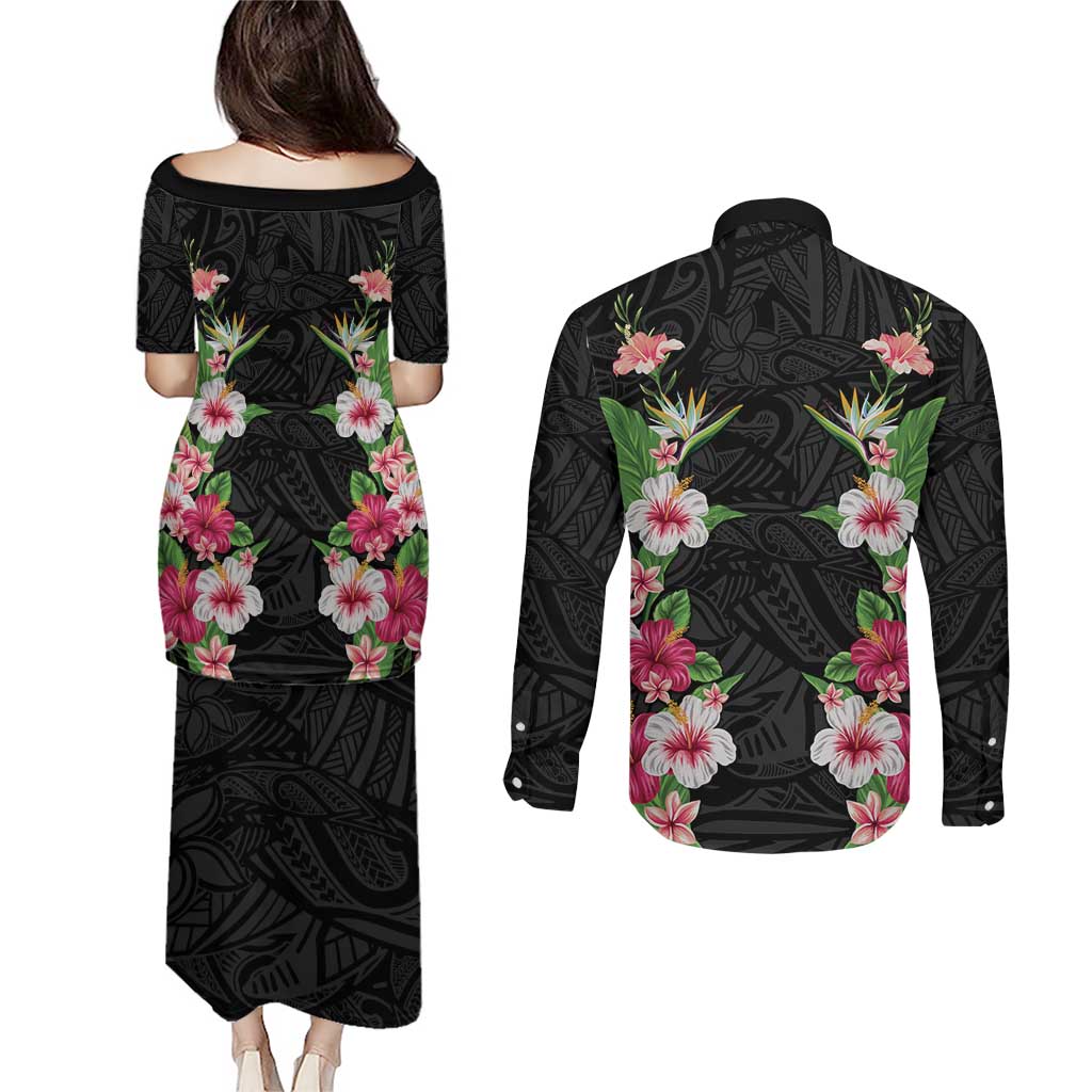 Hawaii Tropical Flowers Couples Matching Puletasi and Long Sleeve Button Shirt Black Polynesian Tattoo Art