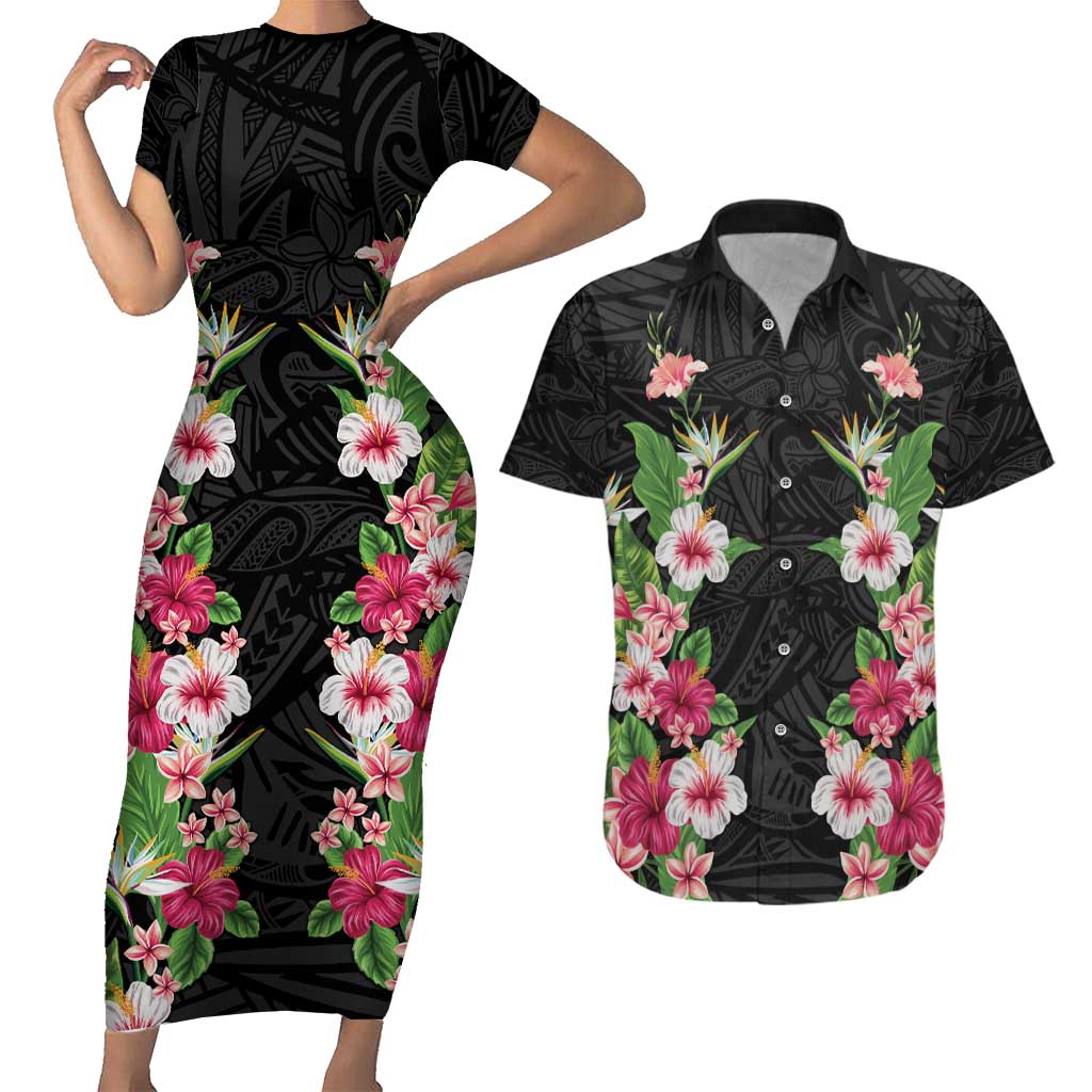 Hawaii Tropical Flowers Couples Matching Short Sleeve Bodycon Dress and Hawaiian Shirt Black Polynesian Tattoo Art
