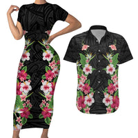 Hawaii Tropical Flowers Couples Matching Short Sleeve Bodycon Dress and Hawaiian Shirt Black Polynesian Tattoo Art LT05 Black - Polynesian Pride