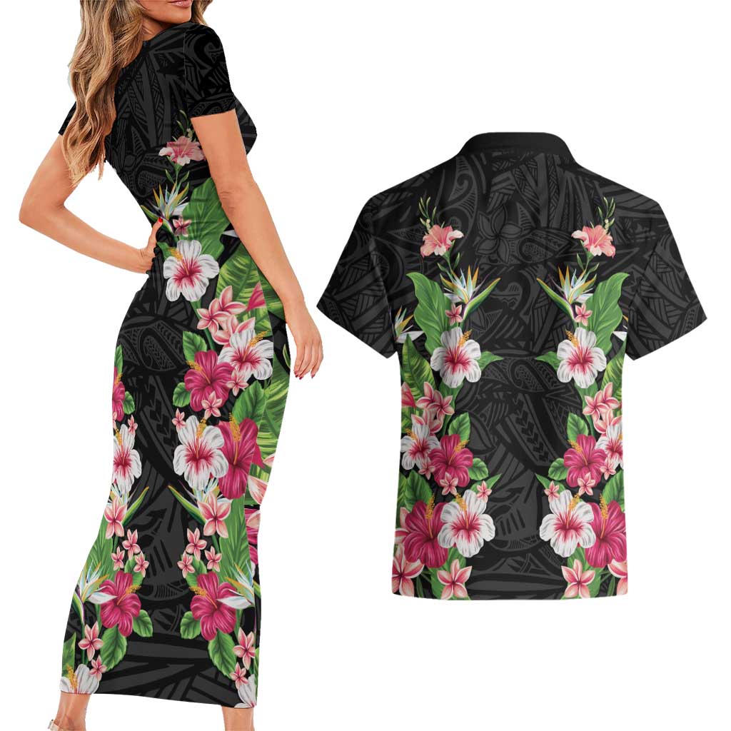 Hawaii Tropical Flowers Couples Matching Short Sleeve Bodycon Dress and Hawaiian Shirt Black Polynesian Tattoo Art LT05 - Polynesian Pride